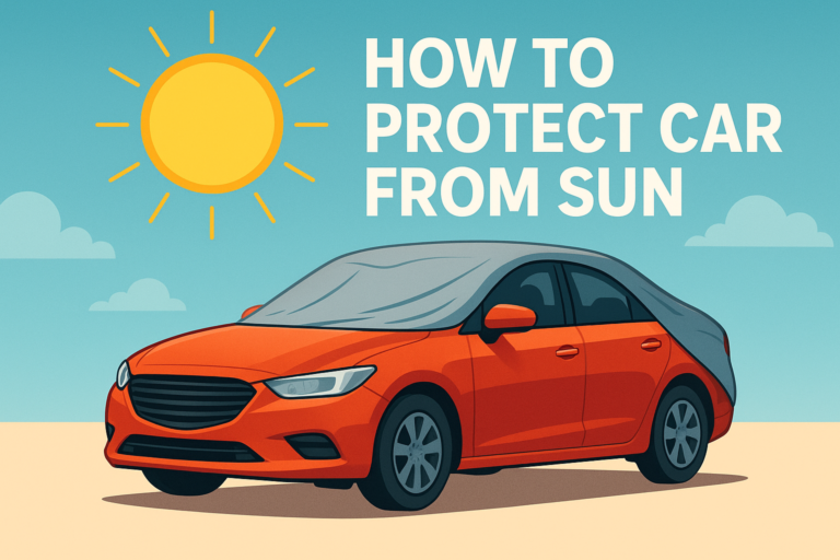 Red car under the sun with protective cover showing how to protect car from sun.