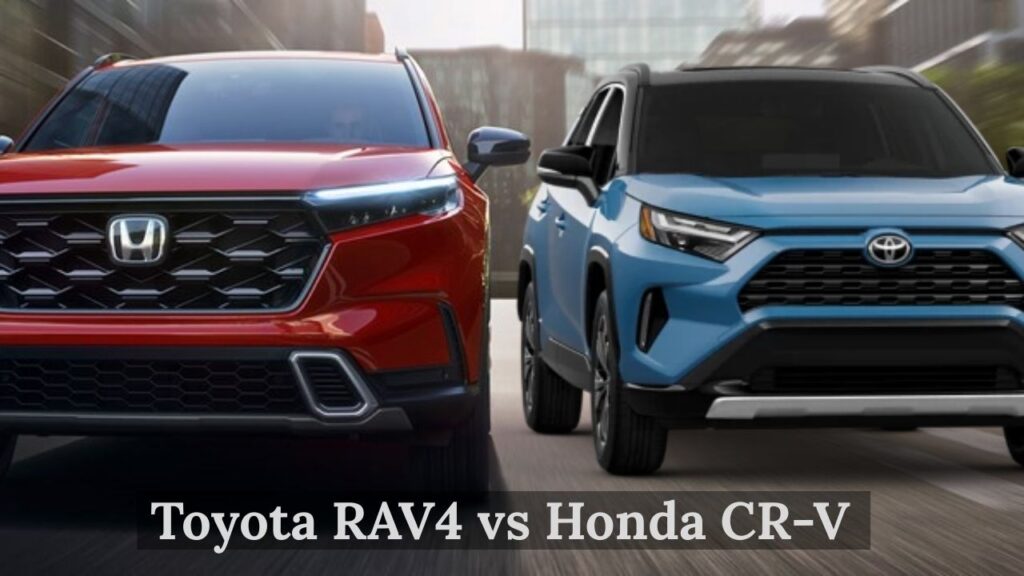 2025 Toyota RAV4 and Honda CR-V parked side by side, front angle view, comparing SUV designs