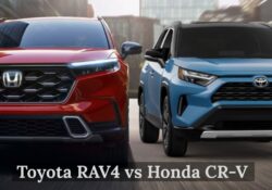 2025 Toyota RAV4 and Honda CR-V parked side by side, front angle view, comparing SUV designs
