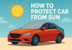 Red car under the sun with protective cover showing how to protect car from sun.