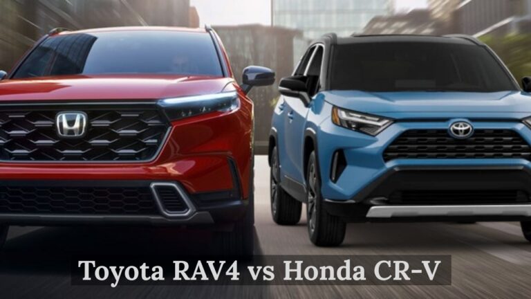 2025 Toyota RAV4 and Honda CR-V parked side by side, front angle view, comparing SUV designs